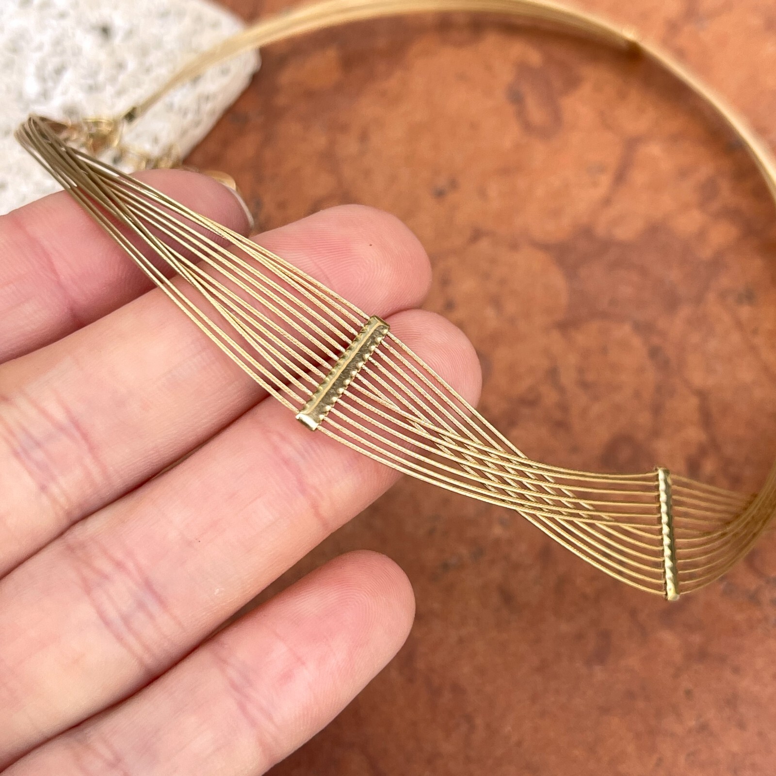 Estate 14K Yellow Gold 12 Strand Twisted Wire Bar Station Neck Wire