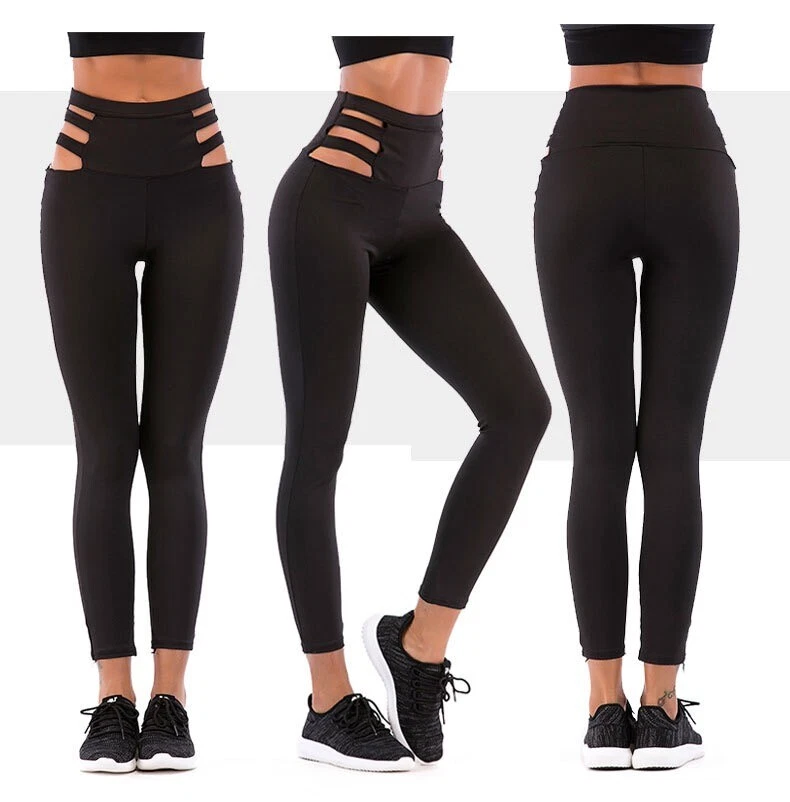 Women's Elastic High Waisted Cut Out Gym Leggings Sexy Hollow