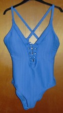 M S Swimsuit Secret Slimming Textured OptionalPadded Lace Up Plunge 18 Blue BNWT
