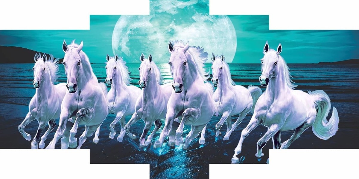 Peinture Vastu Sept Chevaux De Course - Taille 14x20 Pouces, Multicolore, Style Moderne