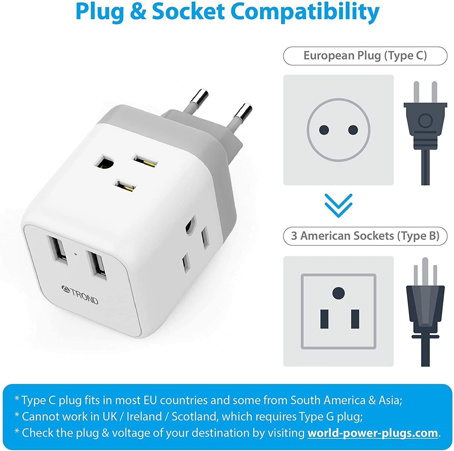 European Travel Plug Adapter, Power Adapter with 3 American Outlets & 2 USB Port
