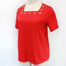 Quacker Factory Plus Red Square-Neck Shine Neck Details Top Tee 2X