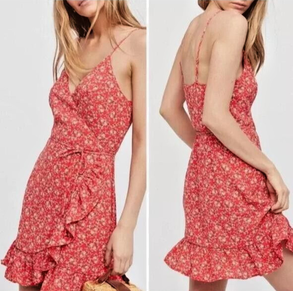 Women's Free People All My Love Wrap Dress Sleeveless Red Floral Small S