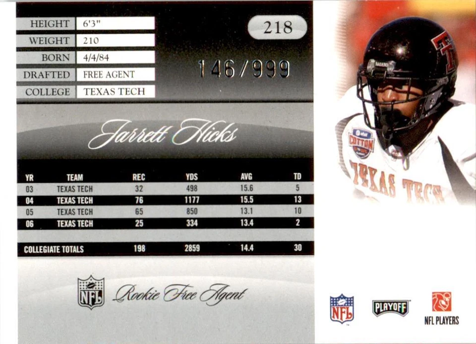 2007 Playoff Prestige Draft Picks Light Blue #218 Jarrett Hicks RC Texas Tech - Image 2 of 2