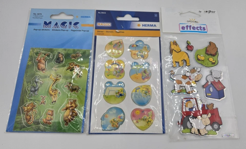 Selection of 3 Packs of Stickers-Pop up/Capsule/Raised Farmyard/Jungle/Seaside - Image 1 of 1