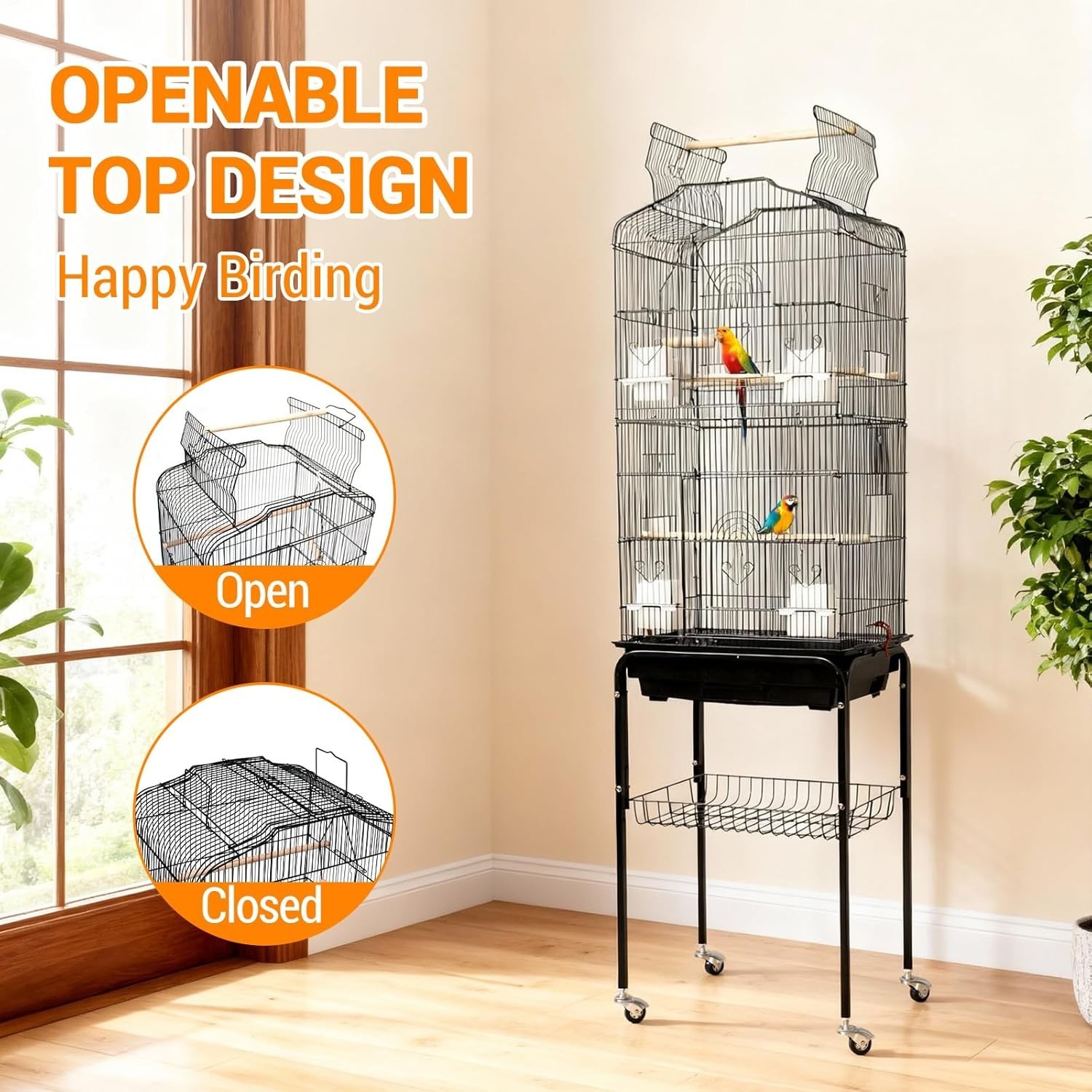 Grande cage à oiseaux en métal à roulettes pour perruches et calopsittes