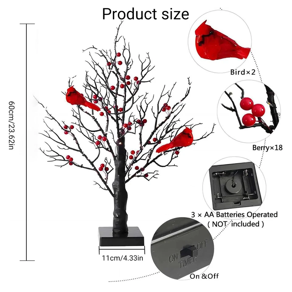 Винтажное светящееся дерево с кардиналами деревья с кардиналами маленькие красные птичьи деревья - Изображение 2 из 4