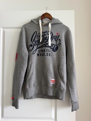 Superdry Men's 100% Cotton Pullover Hoodie Size M Gray Logo Sweatshirt