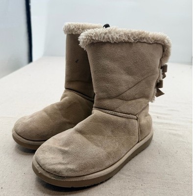 UGG Tan Faux-Suede Fur-Trim Slip-On Boots with Back Bows