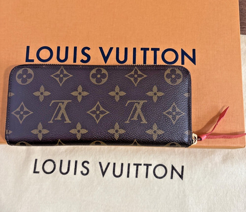 Louis Vuitton Clémence Monogram Wallet Coral Canvas Slim-Line Zip Around Auth