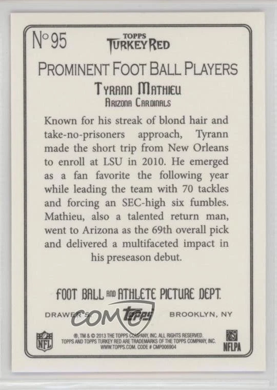 2013 Topps Turkey Red Tyrann Mathieu (White Jersey) #95 Rookie RC - Image 2 of 2