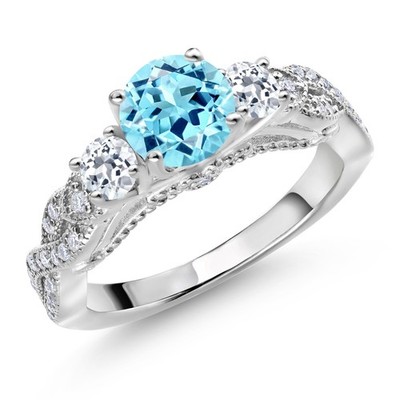 925 Sterling Silver Blue Apatite White Topaz and White Moissanite Engagement