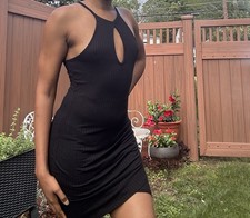 MayPink Black Ribbed Knit Halter Cut-Out Mini Bodycon Dress Sleeveless S/M