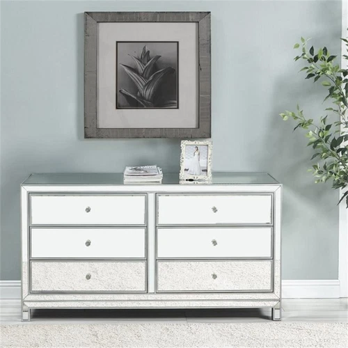 Elegant Decor Reflexion 6 Drawer 60" Mirrored Dressser in Antique Silver - Picture 7 of 10