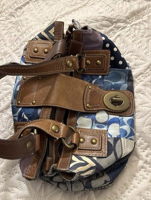 Coach Patchwork Satchel Top Handle Blue Brown Gold Hardware Zip Turn Lock Charm