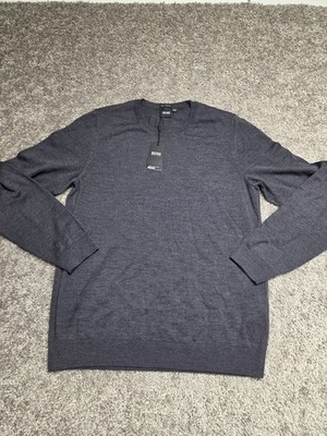 Hugo Boss Sweater Mens L Dark Gray Virgin Wool Finest Italian Yarn Crew NEW