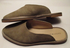 Lucky Brand Arvy Womens 6.5M Olive Pebbled Leather Cushioned Slip on Flat Mules