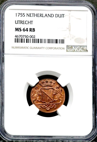 1755 Netherlands Duit - Utrecht - NGC MS 64 RB Mostly RED!  CC496