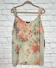 1X/2X New Sage Green Peach Roses Floral Print Lined Tank Top Cami Blouse Beige