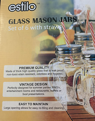 Estilo Mason Jar with Handle and Straw, Set of 6