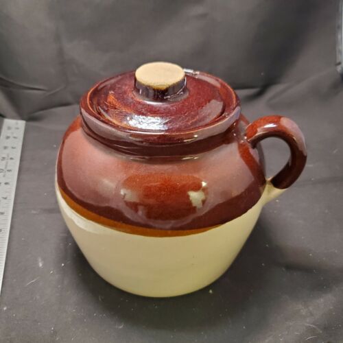 Vintage Ceramic Stoneware Bean Pot Crock Brown Cream One Loop Handle Lid USA - Picture 1 of 7