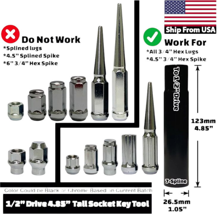 1pcs-1/2" Drive 4.85" Tall Socket Key Fit 7-Spline Spike Lug Nut