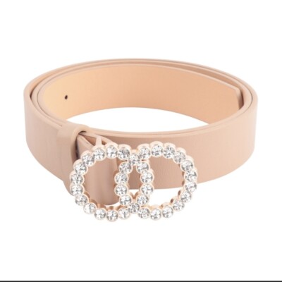 Rhinestone Buckle Vegan Leather Belt Faux Vegan Leather Black Double Circle Rhinestone Buckle  main image 2