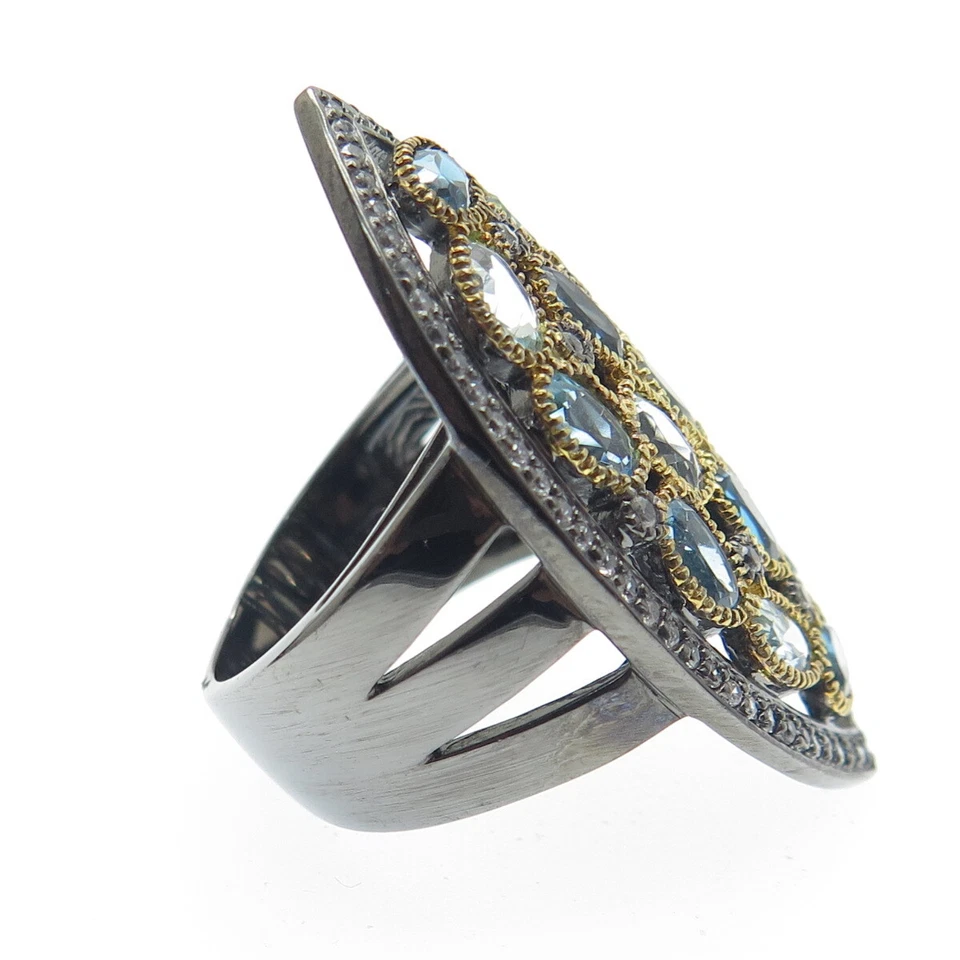 Anillo DSMK Plata Esterlina Negro Rodio Londres Suizo Azul Blanco Topacio Talla 6.25 Foto 4 de 4