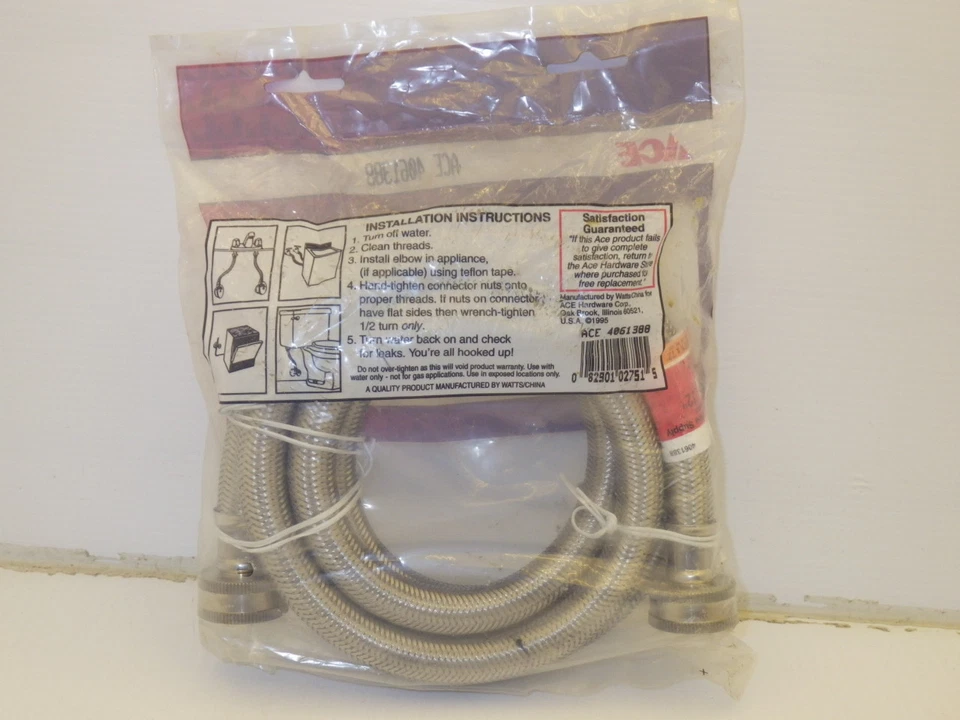 ACE 4061388 72" STAINLESS STEEL WASHING MACHINE SUPPLY LINE 3/4"TO 3/4", NIB - Image 2 of 3