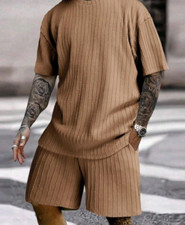 Men's Set Summer T-Shirt And Pants Waist Shorts Casual. Size L,Light Brown Color