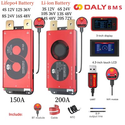 Daly Smart BMS 3S-20S 12V-72V Li-ion LiFePo4 Akku 150A 200A BMS BT UART lot