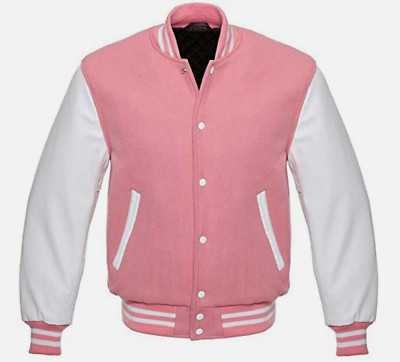 New Baseball Varsity Bomber Jacket Pink Wool & White Genuine Leather Sleeves