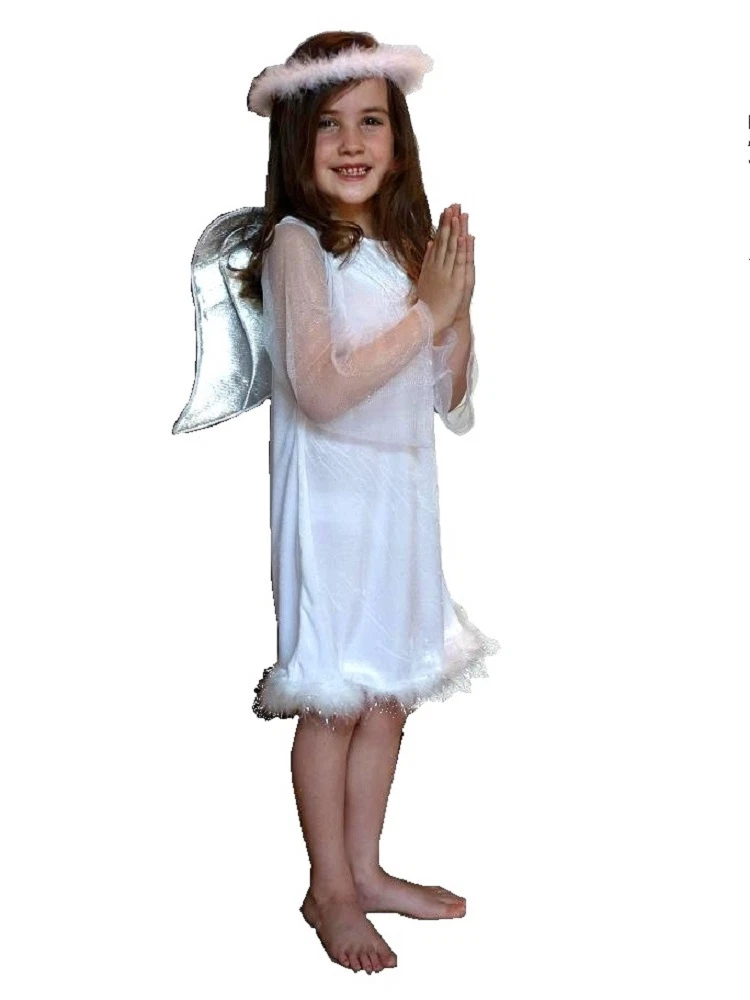GIRLS ANGEL COSTUME VELOUR HALO WINGS CHRISTMAS NATIVITY FANCY