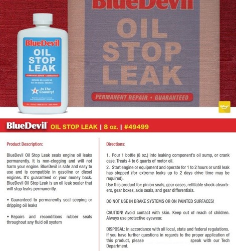 BLUE DEVIL OIL STOP LEAK 8OZ seal seeping or dripping oil leaks