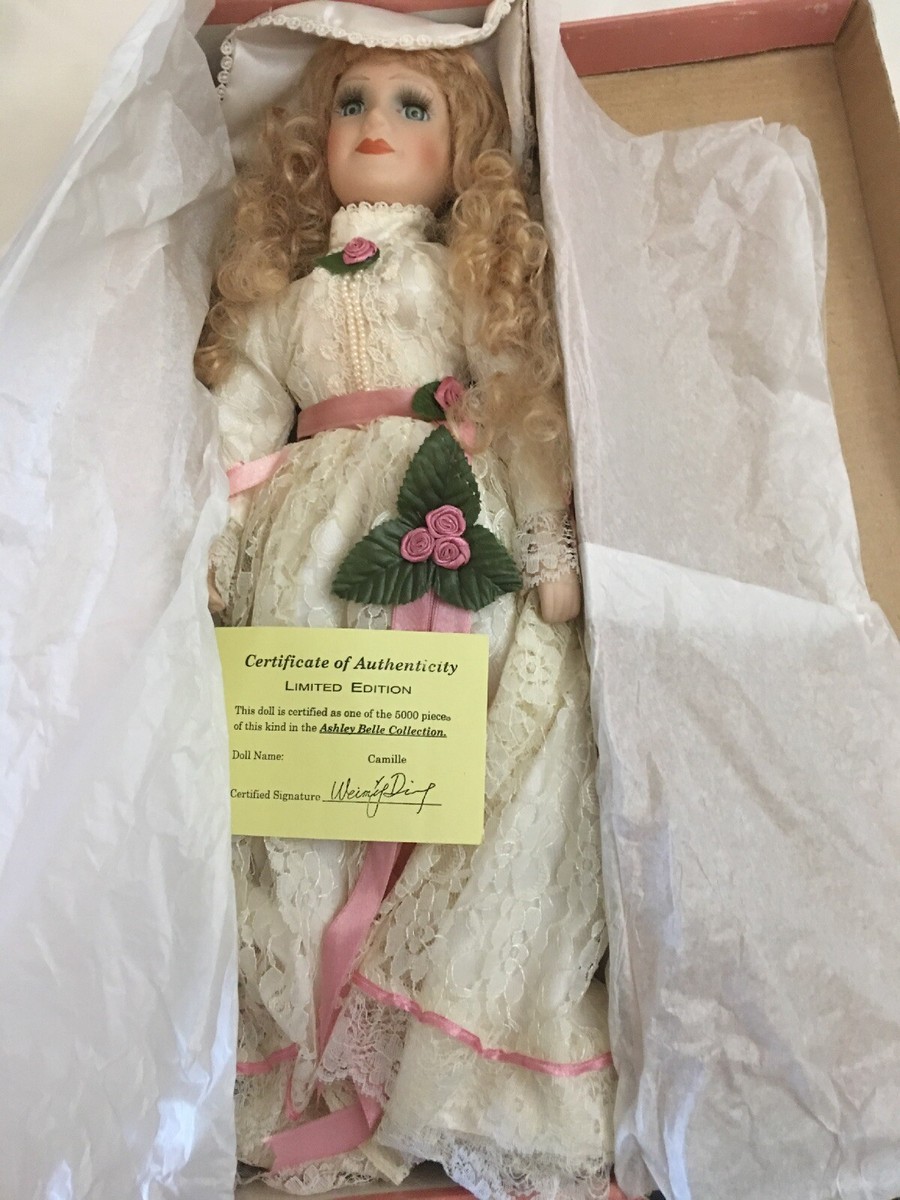 Vintage Ashley Belle Victorian Porcelain doll With Stand, Certificate, Box