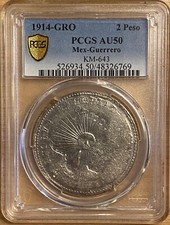 1914-GRO Mexico Electrum 2 Pesos Guerrero PGCS AU50