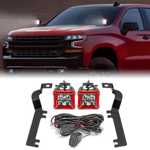 40W 3'' LED Pods (Red Shell) + Ditch Mounts + Wire For Silverado 1500 2019-2022