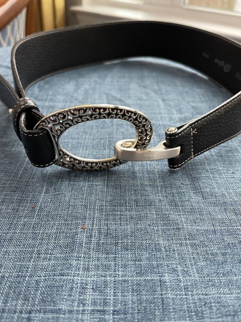 ladies black leather belt with silver buckle