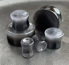 PAIR Concave Grey Cat Eye Stone Plugs Double Flare Gray Tunnel Earlet Gauges