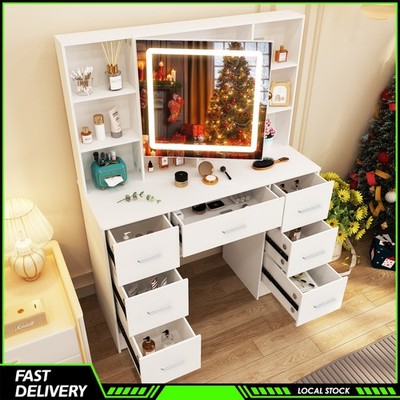 Makeup Dressing Table Vanity Desk Set W/ LED Mirror And Stool 7 Drawer 6 Shelves
