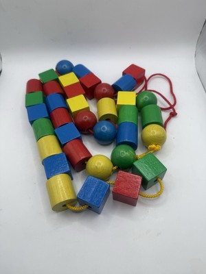 Primary Lacing Beads Educational Toy 36 Wooden Beads 2 Laces Fine Motor Skills