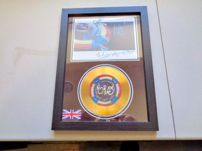 Framed Electric Light ELO Gold Disc AND Art Signed 13x9.4in Used