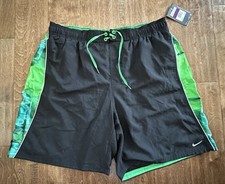 Mens XXL NIKE Swim Shorts Pockets Black Neon Green Brief Mesh Lining String Tie