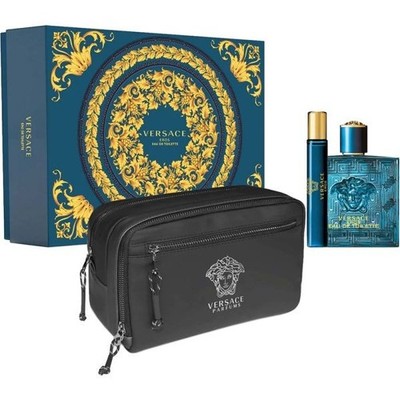 VERSACE EROS 3 PC MEN GIFT SET - 3.4 OZ EDP + 0.34 OZ EDP + TROUSSE BAG