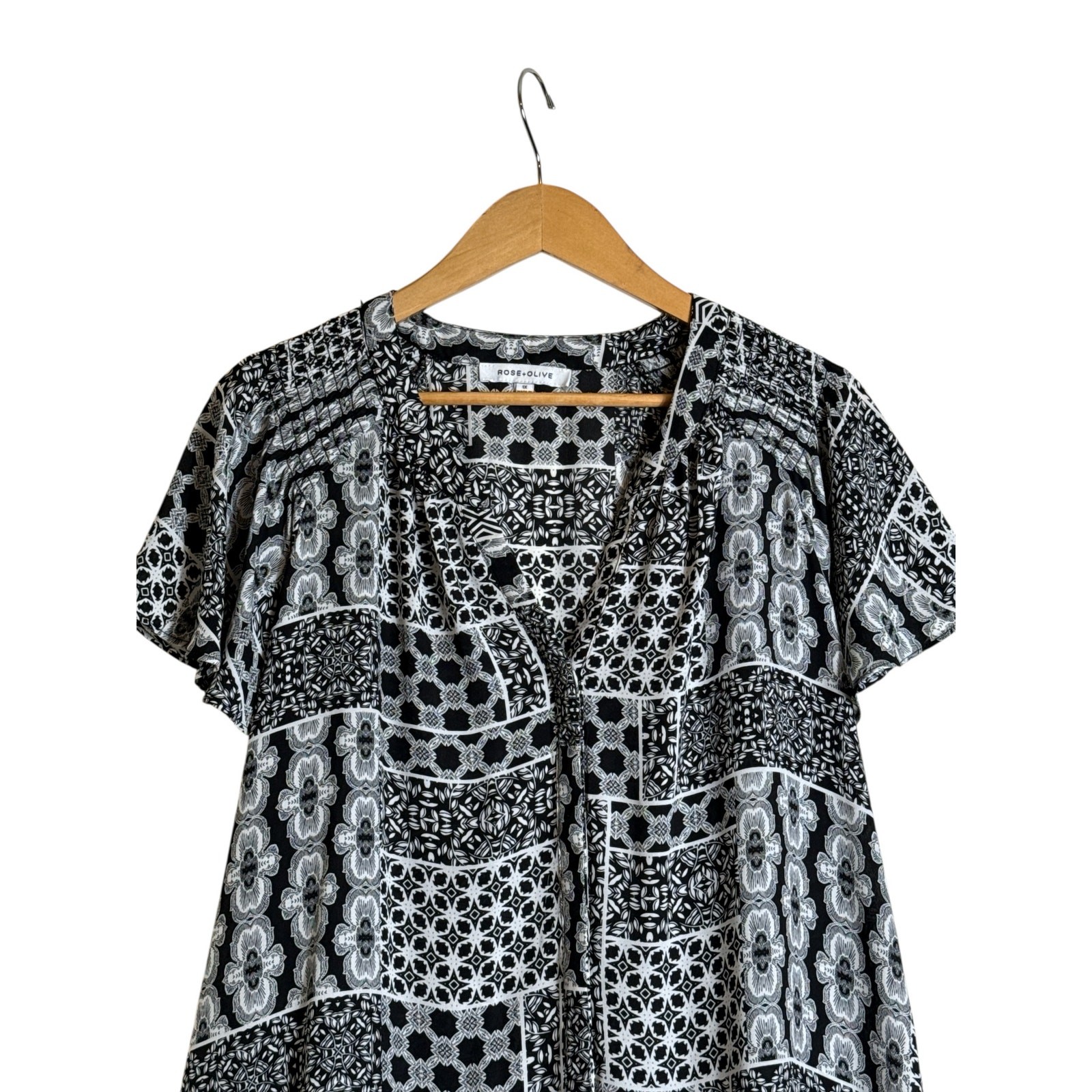 Rose + Olive Black White Patchwork Print Blouse S… - image 4