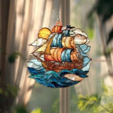 Vintage Sailing Ship At Sea Acrylic Suncatcher, Stained Glass Style, Acrylic Sun