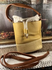SHIRALEAH ESME Mini Bucket Drawstring Bag, Yellow, White, Brown, Crossbody Strap