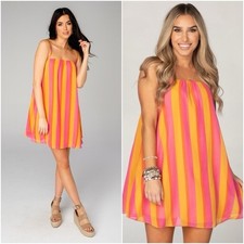 Buddy Love Sandra Pink Orange Striped Chiffon Fun Mini Swing Dress Medium M (A3)