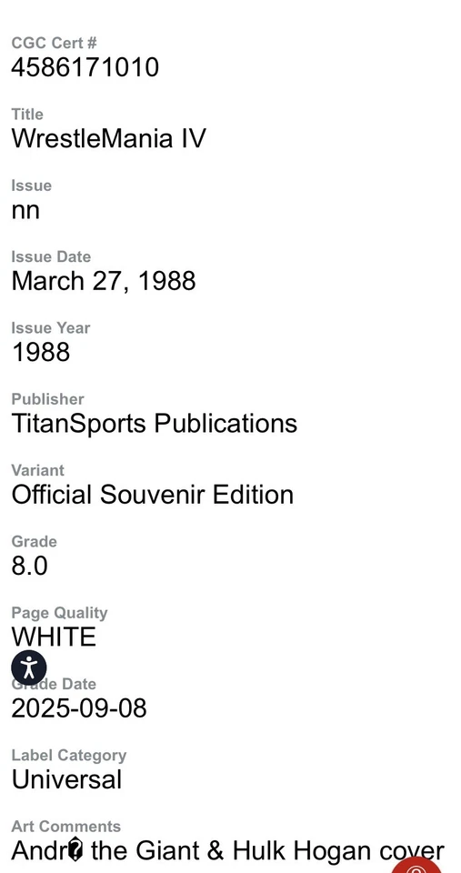 WWF Wrestlemania IV 4 Program Magazine Hulk Hogan, Andre the Giant, 1988 CGC 8.0 - Image 3 of 3