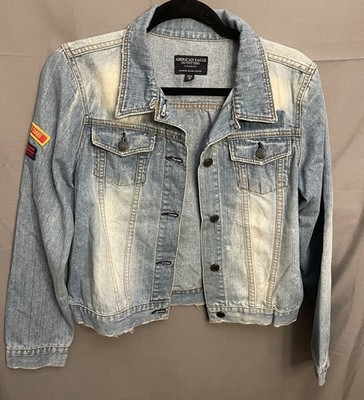American Eagle Denim Jacket Patches Medium Blue Distressed Button Up Trucker